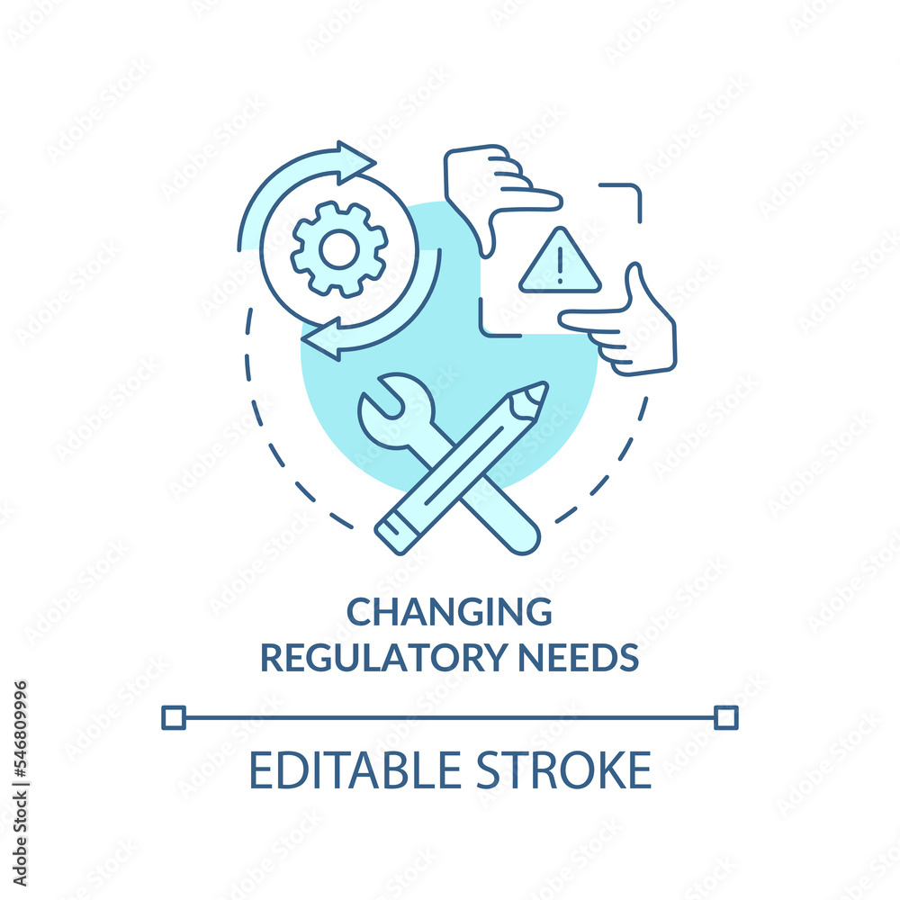 Changing regulatory needs turquoise concept icon. Compliance management abstract idea thin line illustration. Isolated outline drawing. Editable stroke. Arial, Myriad Pro-Bold fonts used Changing regulatory needs turquoise concept icon. Compliance management abstract idea thin line illustration. Isolated outline drawing. Editable stroke. Arial, Myriad Pro-Bold fonts used