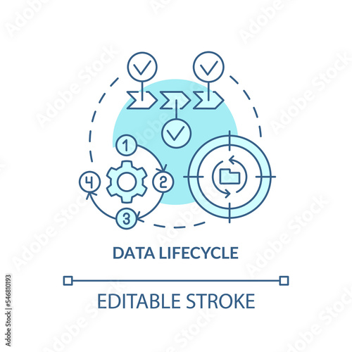 Data lifecycle turquoise concept icon. Information technology. Usage process abstract idea thin line illustration. Isolated outline drawing. Editable stroke. Arial, Myriad Pro-Bold fonts used