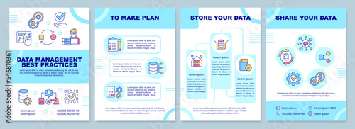 Data management best practices turquoise brochure template. Leaflet design with linear icons. Editable 4 vector layouts for presentation, annual reports. Arial-Black, Myriad Pro-Regular fonts used