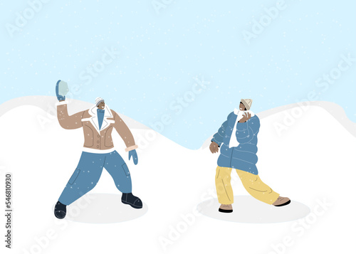 Couple people play snowballs fun game in winter snow landscape vector illustration. Cartoon friend characters playing outdoors, enjoying frost cold weather. Winter healthy activity concept