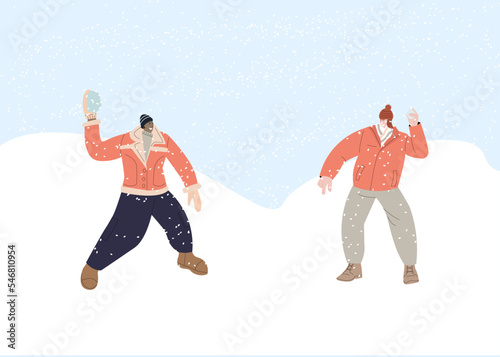 Couple people play snowballs fun game in winter snow landscape vector illustration. Cartoon friend characters playing outdoors, enjoying frost cold weather. Winter healthy activity concept