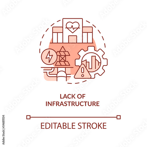 Lack of infrastructure red concept icon. Emergence of inclusive economy growth abstract idea thin line illustration. Isolated outline drawing. Editable stroke. Arial, Myriad Pro-Bold fonts used