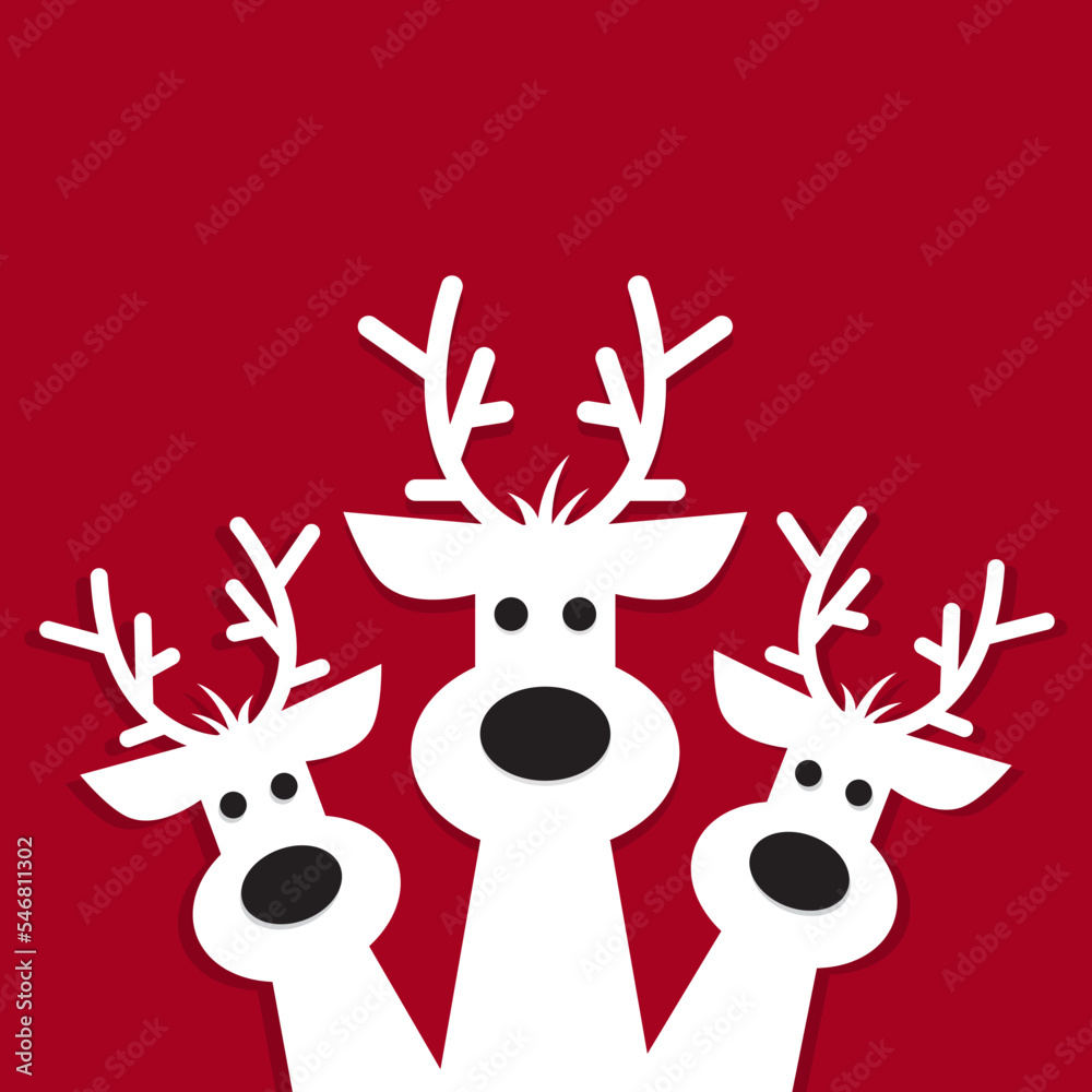 Cute Christmas reindeer on a red background. Christmas background, banner, or card.