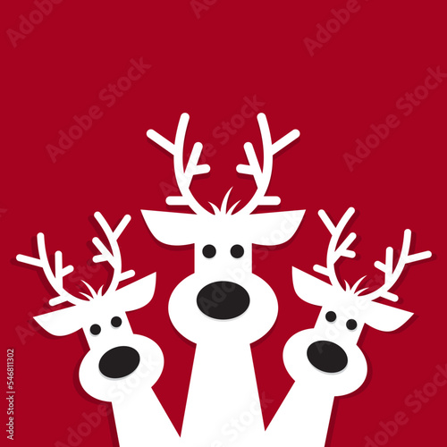 Obraz na płótnie Cute Christmas reindeer on a red background. Christmas background, banner, or card. w salonie