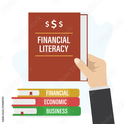 Businessman hand holds textbook - financial literacy. Stack of economic books. Courses in trading or economic literacy. Writer or successful trader presents new book on finance and investment.