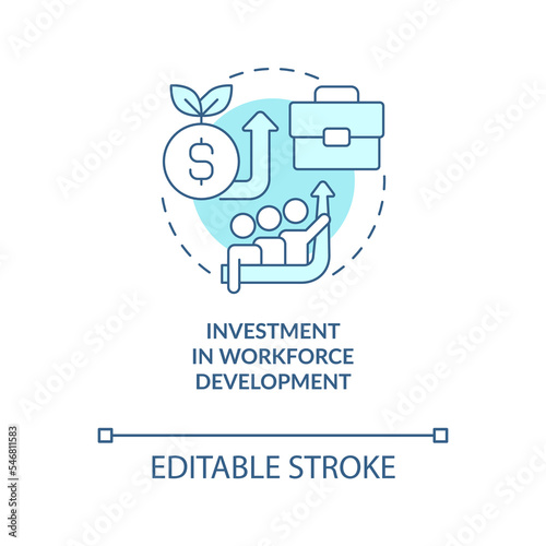 Investment in workforce development turquoise concept icon. Good job practice abstract idea thin line illustration. Isolated outline drawing. Editable stroke. Arial, Myriad Pro-Bold fonts used