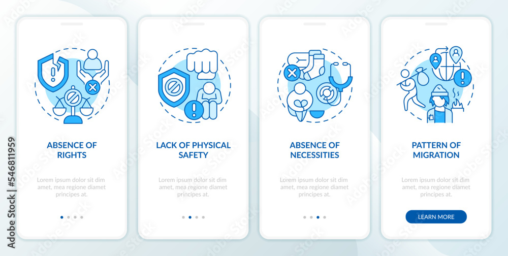Key drivers of modern slavery blue onboarding mobile app screen. Walkthrough 4 steps editable graphic instructions with linear concepts. UI, UX, GUI template. Myriad Pro-Bold, Regular fonts used
