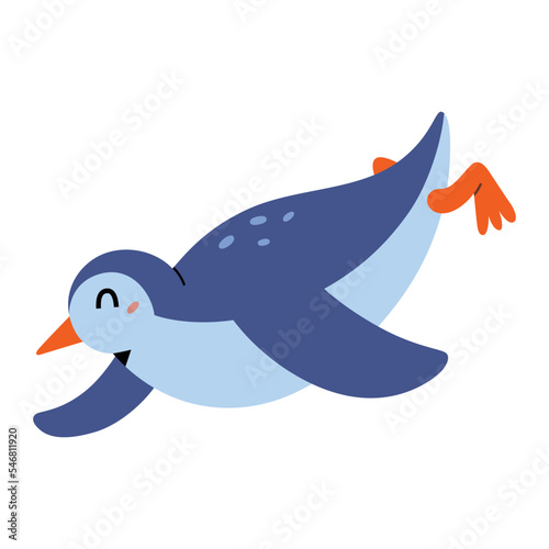 Cute penguin sliding on belly across ice, adorable Antarctic animal, flat vector illustration, stylized clipart isolated on white background