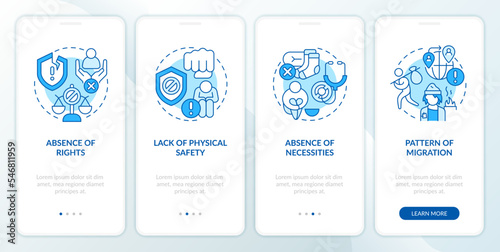 Key drivers of modern slavery blue onboarding mobile app screen. Walkthrough 4 steps editable graphic instructions with linear concepts. UI, UX, GUI template. Myriad Pro-Bold, Regular fonts used