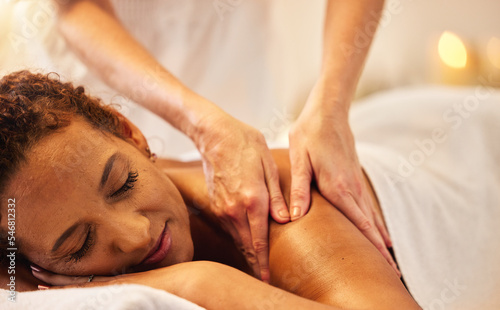 Spa  massage and wellness of a woman skincare at a luxury resort or health therapy for zen treatment. Massage therapist hands for body care  relax and skin session of a mature customer feeling calm
