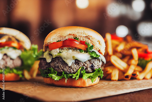 delicious homemade burgers of beef, cheese and vegetables