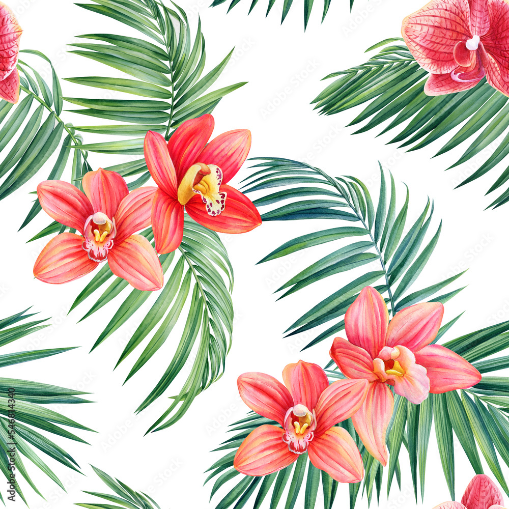 Tropical Seamless pattern. Orchids Flowers. Palm leaves, exotic plants. Jungle botanical illustration Tropical Seamless pattern. Orchids Flowers. Palm leaves, exotic plants. Jungle botanical illustration