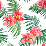 Tropical Seamless pattern. Orchids Flowers. Palm leaves, exotic plants. Jungle botanical illustration