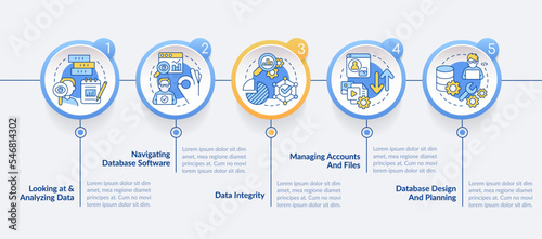Database management skills circle infographic template. System analyst. Data visualization with 5 steps. Editable timeline info chart. Workflow layout with line icons. Lato Bold, Regular fonts used