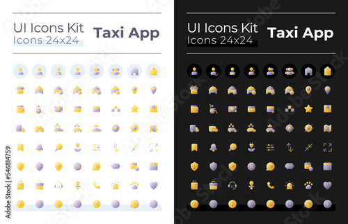 Taxi service flat gradient two-color ui icons set for dark, light mode. Ordering car online. Vector isolated RGB pictograms. GUI, UX design for web, mobile. Montserrat Bold, Light fonts used