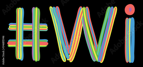WI Hashtag. Multicolored bright isolate curves doodle letters like from marker, oil paint. #WI is abbreviation for the USA state Wisconsin for social network, web resources, mobile apps.