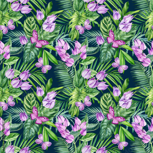 Seamless pattern, violet Flower. Palm leaves, tropical exotic plants. jungle design. Botanical drawing © Hanna