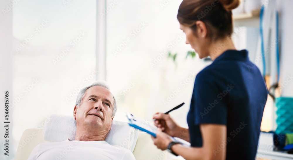 Obraz premium Senior man, healthcare worker and patient rehabilitation while writing on a clipboard for physiotherapy assessment with a doctor. Woman chiropractor with male for physical therapy, physio and help