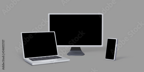 Set of 3D gadgets with black empty screen for banner and template usage. Realistic render of laptop mobile phone and PC monitor.
