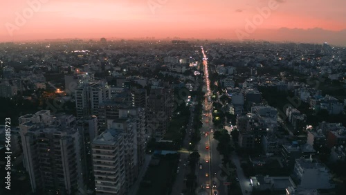 Aerial view of Gurgaon skyline at night, Haryana, India. photo