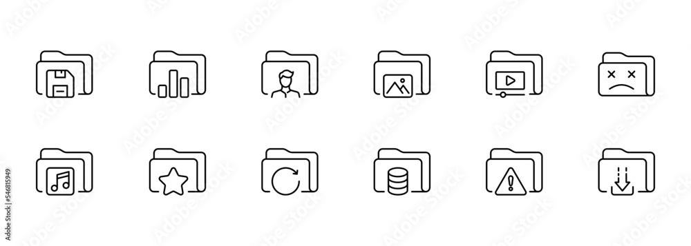 File set icon. Create, folder, warning, data set, delete, configure, save, protect, favorites, star, important, player, usic, gallery, download, paid information, image, liked. Online concept.