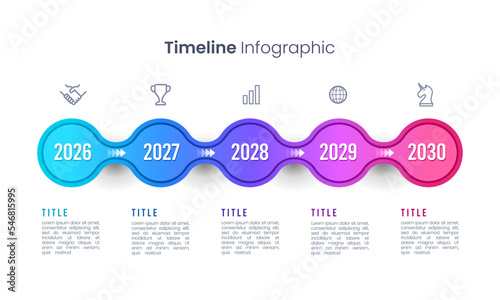 Horizontal timeline with 5 colorful circular elements. Company milestone. Vector illustration for brochure, banner, and annual report.
