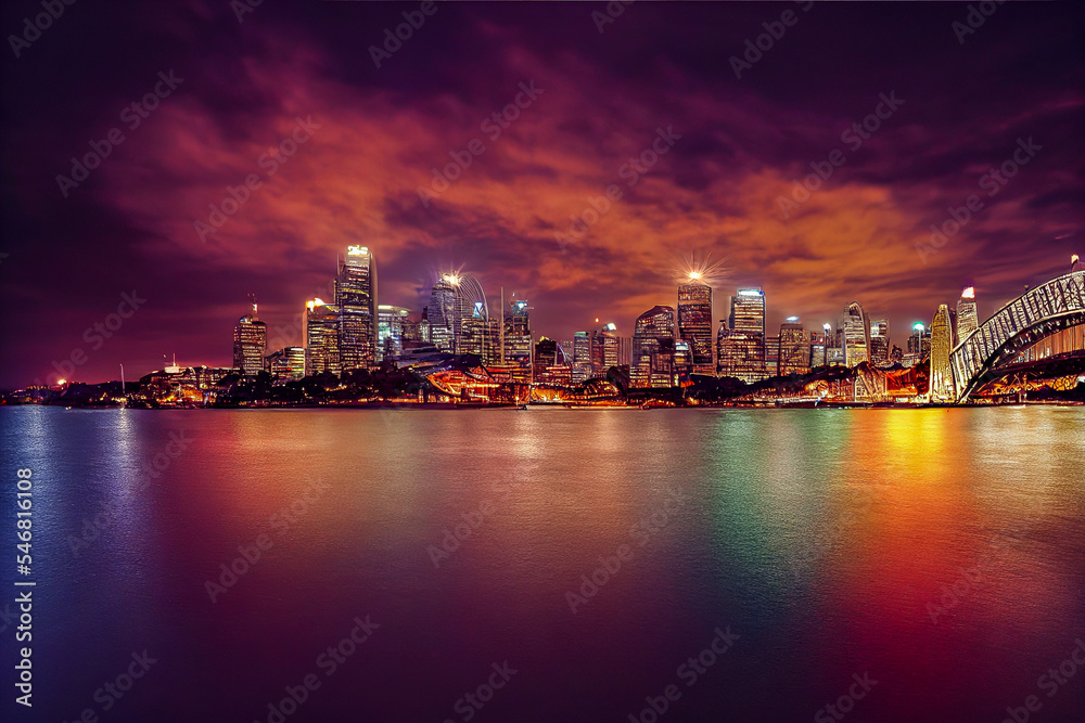 Panorama Skyline from Sydney in Australia at night Wallpaper, Generative AI Illustration