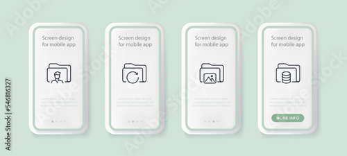 File set icon. Create, folder, warning, data set, delete, configure, favorites, player, usic, gallery, download, paid information, image, liked. Online concept. Ui phone up screen. Neomorphism
