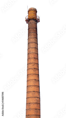 A large old industrial chimney made of red brick isolated on a transparent background