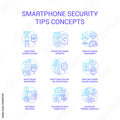 Smartphone security tips blue gradient concept icons set. Mobile phone protection. Cybersecurity idea thin line color illustrations. Isolated symbols. Roboto-Medium, Myriad Pro-Bold fonts used