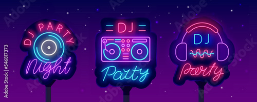 Dj party neon street billboards collection. Luminous banners set. Music disk and dj console icons. Vector illustration