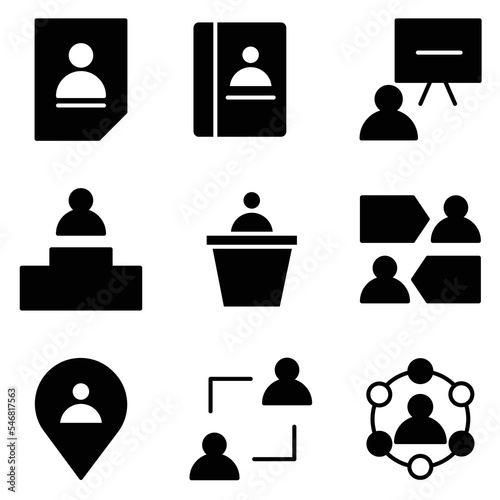 Vector of glyph icons related to business process, team work and human resource management. Mono line pictograms and infographics design elements