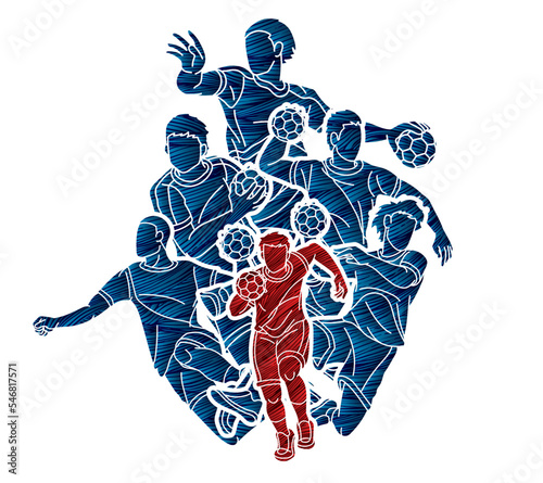 Handball Sport Male Players Team Men Mix Action Cartoon Graphic Vector