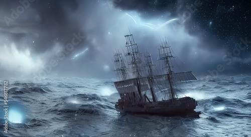 Sailing old ship instorm sea - night sky with crescent in the clouds. Pirate ghost ship