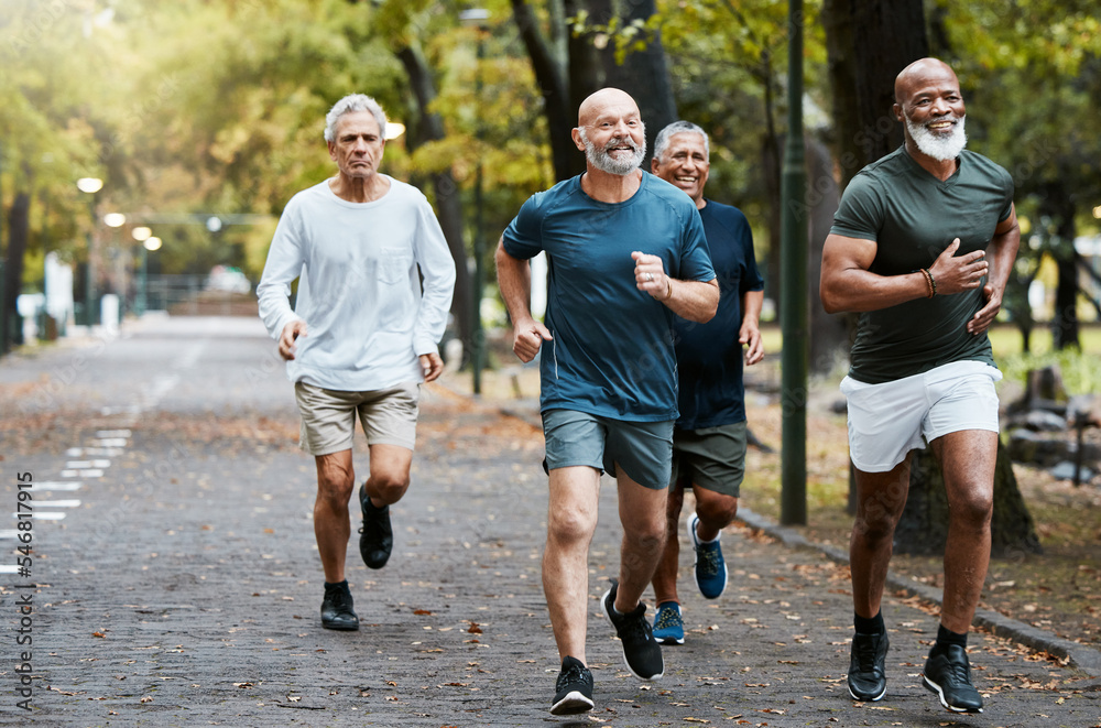 Senior, man group and running on street together for elderly fitness and urban wellness with happiness. Happy retirement, smile and runner club in workout, diversity and teamwork in park for health - obrazy, fototapety, plakaty 