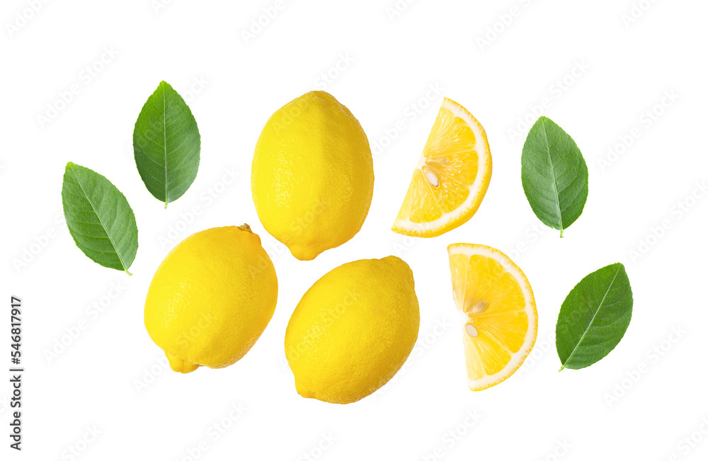 Lemon with leaves isolated on transparent png