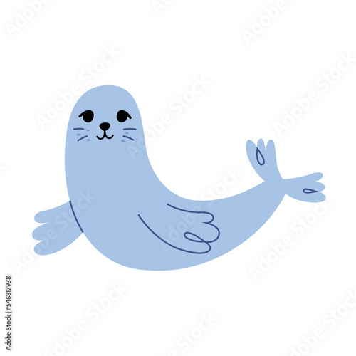 Cute white harp seal, baby seal smiling, adorable cub, sea animal, flat cartoon, vector illustration isolated on white background