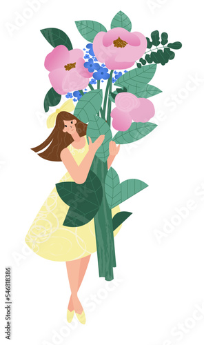 Bouquet of beautiful flowers. Realistic flowers, branches, leaves vector image.