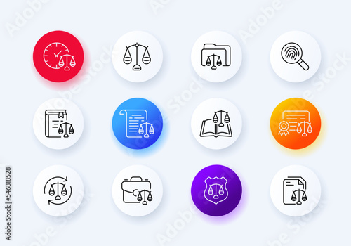 Scales set icon. Folder, weigh, weight, search, fingerprint, analysis, book, balance, deliberate, ponder, reset, time, sale, canter, protection, shield, security. Neomorphism style. Vector line icon