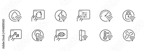 Smart house set icon. Surveillance camera, humidity, website, power control, Atmosphere pressure, slider, doors, protection, turn on music, ventilation, air conditioning, ventilation, temperature.