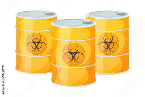 Set Metal yellow barrel toxic, dangerous sign in cartoon style isolated on white background. Radioactive, flammable.