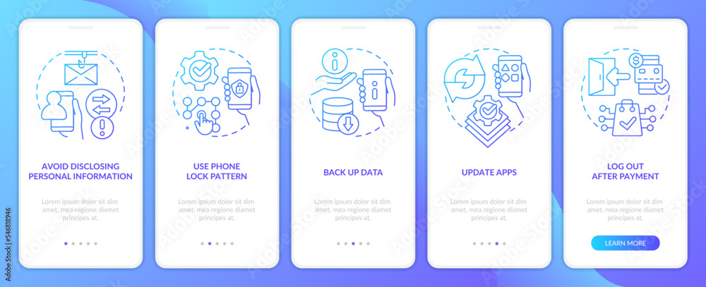 Improve smartphone security blue gradient onboarding mobile app screen. Walkthrough 5 steps graphic instructions with linear concepts. UI, UX, GUI template. Myriad Pro-Bold, Regular fonts used