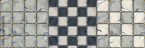 Set Stone wall from bricks, rock, game background in cartoon style, seamless textured surface. Ui game asset, road or floor material