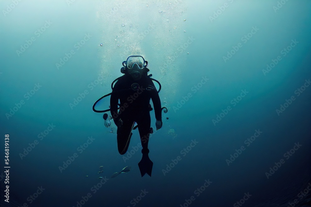 The figure of a scuba diver and a diver underwater view of the deep ocean in blue tones - obrazy, fototapety, plakaty 