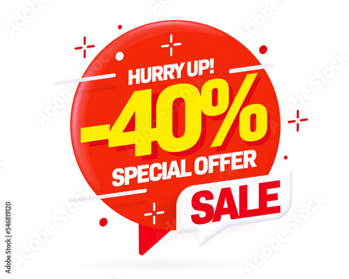 Sale sticker. Minus 40 percent off discount label. Special offer promotion and hurry up invitation. Sale sticker label with price reduction announcement vector illustration