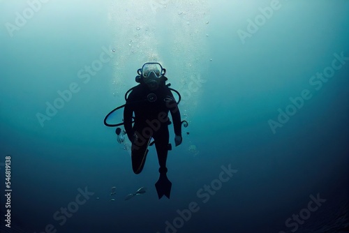 Vászonkép The figure of a scuba diver and a diver underwater view of the deep ocean in blu