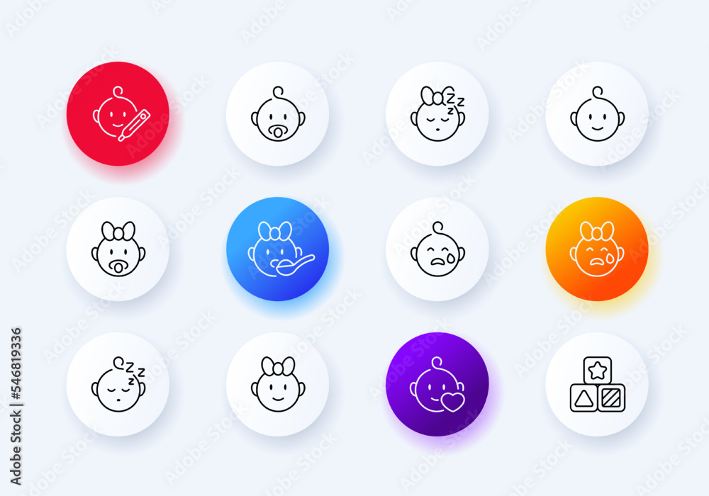 Baby care set. Kid, stroller, bottle, cubes, mirror, duck toy, diapers, nappy, pacifier, baby cream, baby romper, socks, baby monitor. Child concept. Neomorphism style. Vector line icon for Business Baby care set. Kid, stroller, bottle, cubes, mirror, duck toy, diapers, nappy, pacifier, baby cream, baby romper, socks, baby monitor. Child concept. Neomorphism style. Vector line icon for Business