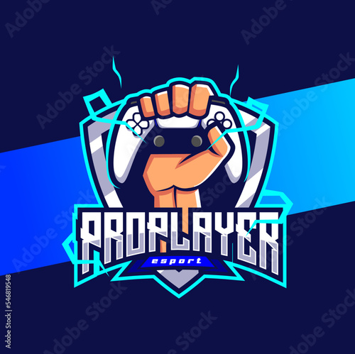 pro player esport logo character design, with hand holding stick game controller