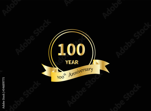 100 years anniversary logo template isolated on gold, gold stamp 19th anniversary icon label with ribbon, twenty year birthday seal symbol.