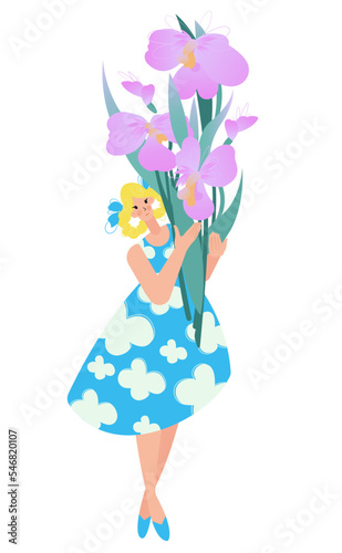 A young woman is holding a bouquet of beautiful flowers. Realistic flowers, branches, leaves vector image. © Anna